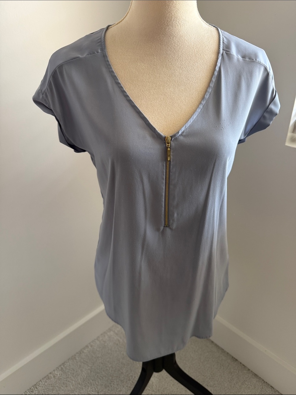 Womens Slate Blue Zip Front V-Neck Blouse
